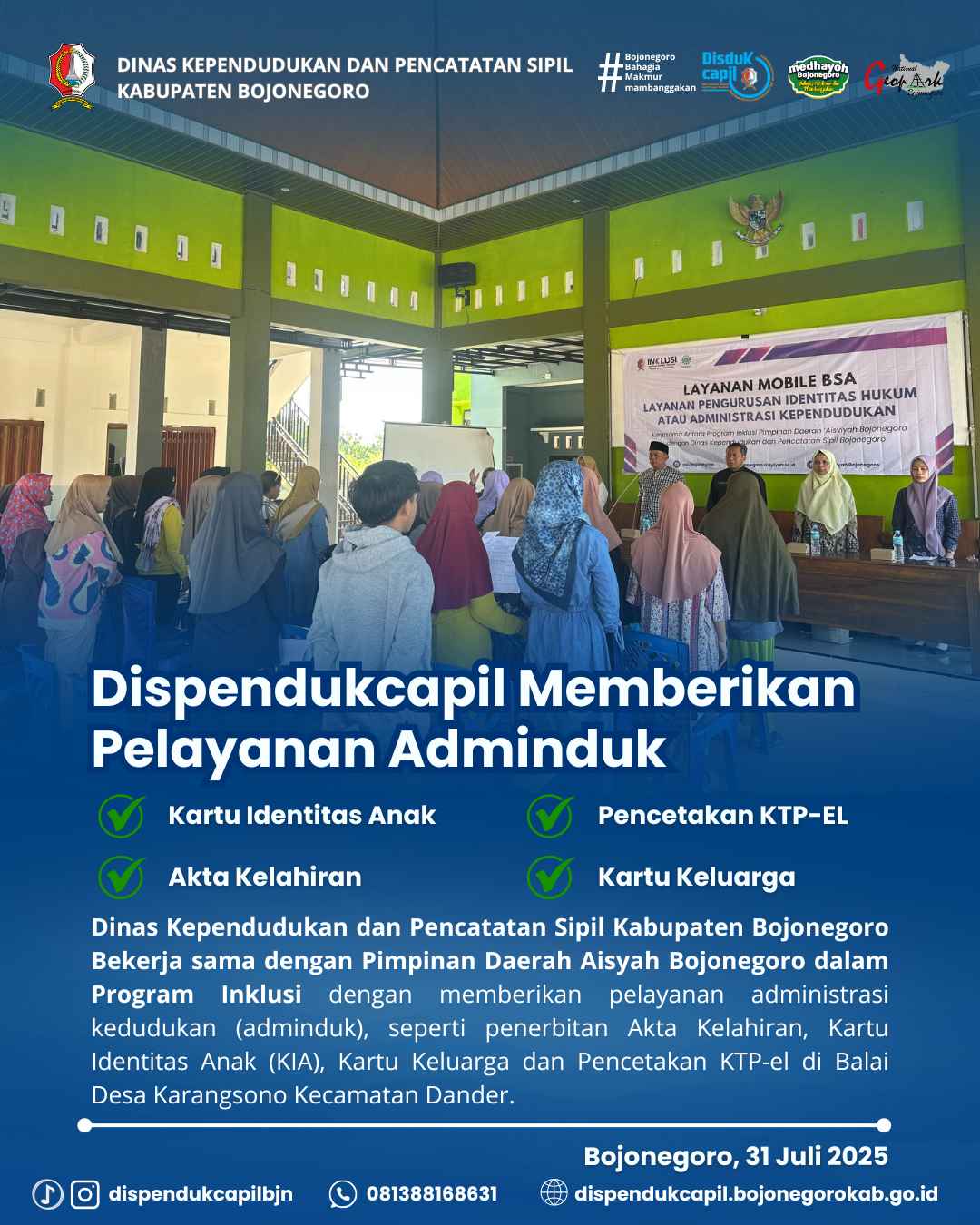 Kolaborasi Dukcapil Bojonegoro dan Pimpinan Daerah Aisyiyah Program Inklusi Layanan Mobile BSA dan Dokumen Kependudukan