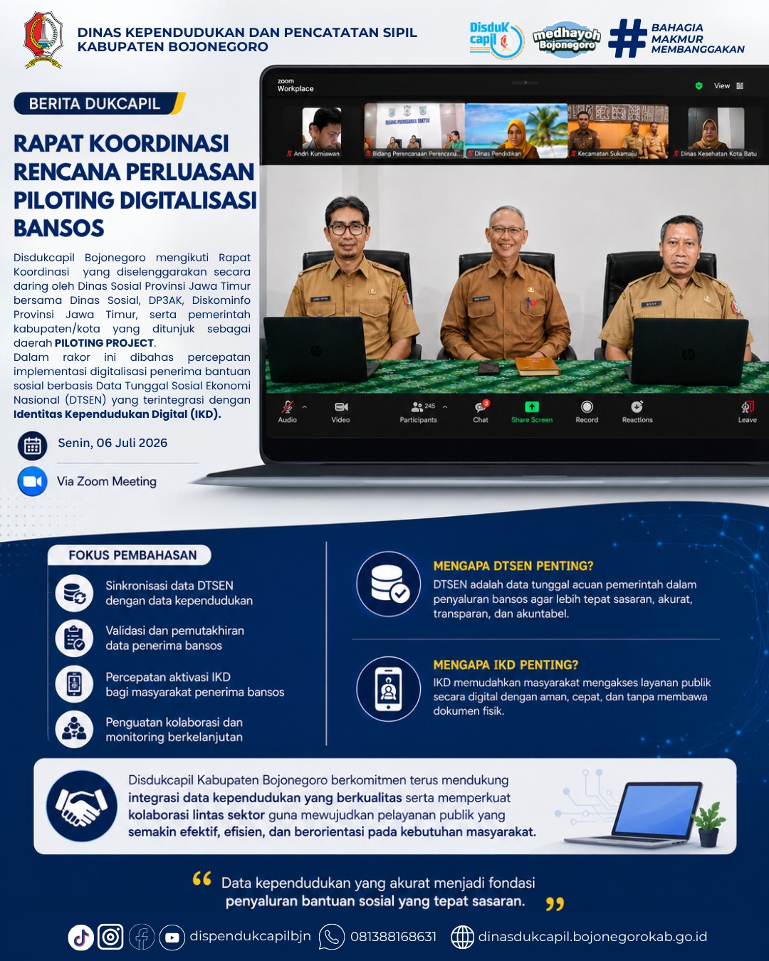 Disdukcapil Bojonegoro Ikuti Rakor Percepatan Digitalisasi Penerima Bansos Berbasis DTSEN dan Aktivasi IKD